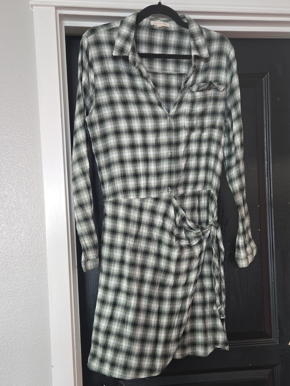 Copper Key Green Plaid Long-Sleeve Tie-Waist Shirt Dress Size Large